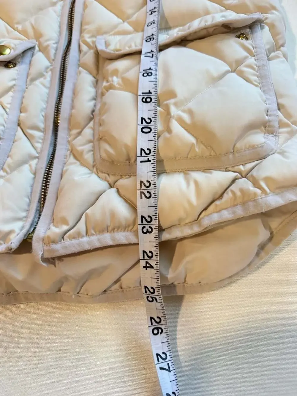 J.Crew Down Puffer Vest Cream Ivory Quilted Gold Snap Pockets Preppy XS